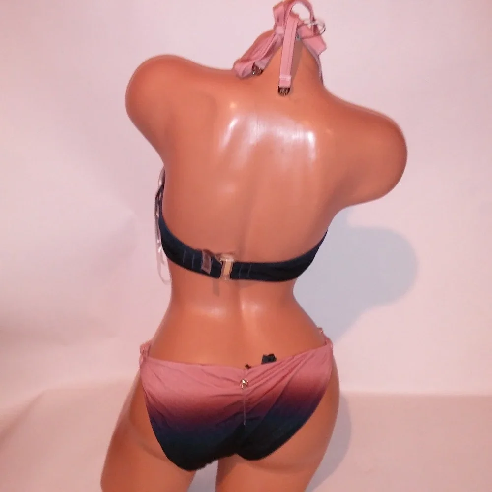 Victoria Secret Swim Bikini 38C Top XL Bottom Ombre Black Mauve Push Up String